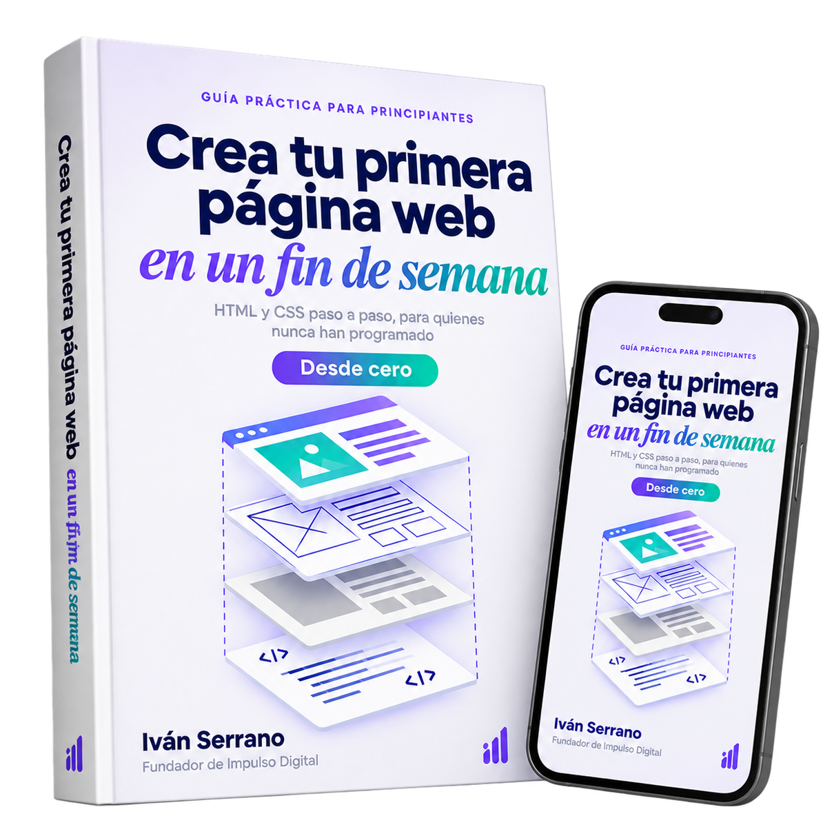 El libro Crea tu primera página web en un fin de semana, en edición impresa y abierto en un celular.