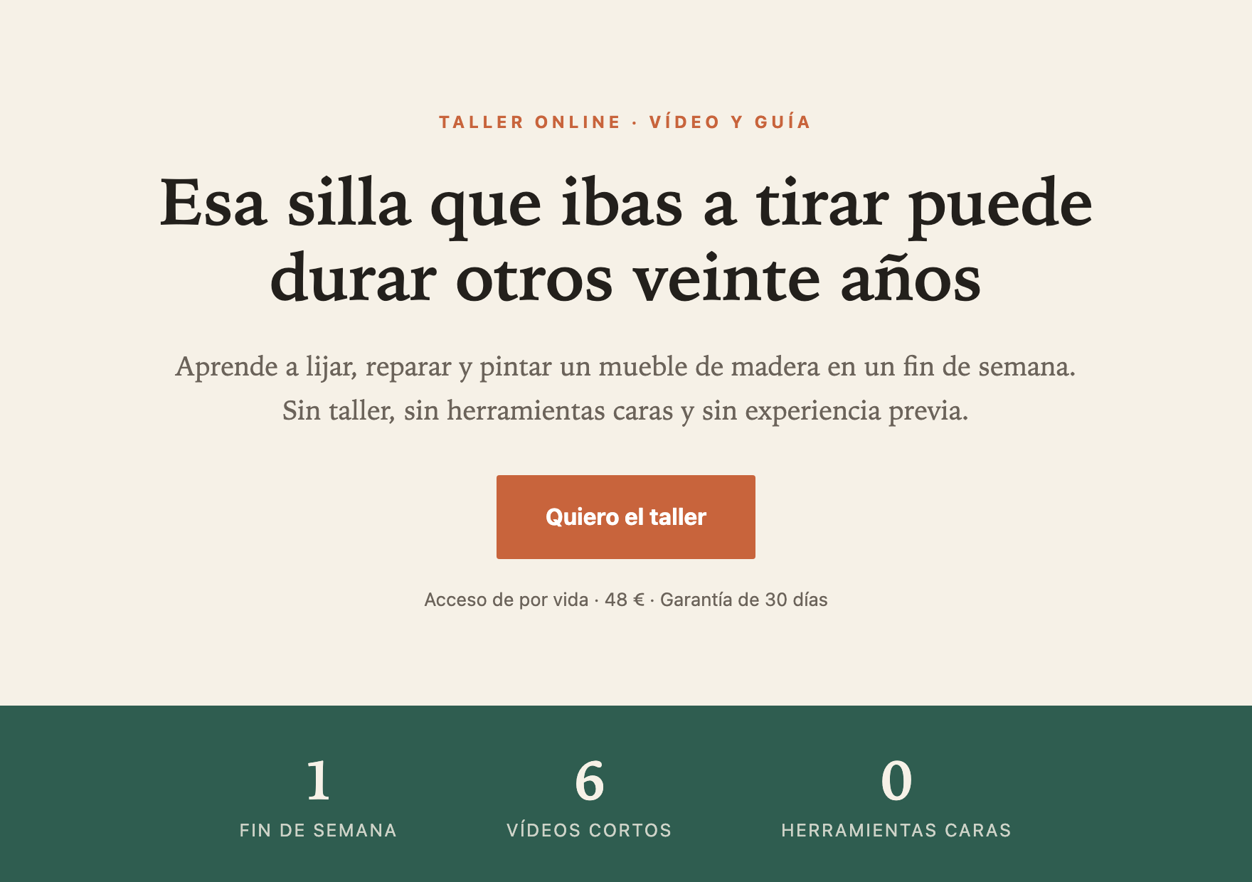 La landing de Segunda Vida vista en computadora: titular grande sobre fondo crema, botón naranja y una franja verde con tres datos del taller.