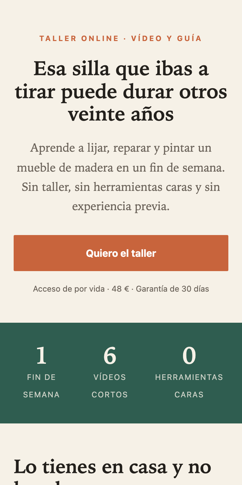 La misma landing de Segunda Vida en un celular: el contenido se apila en una columna y el botón ocupa todo el ancho.