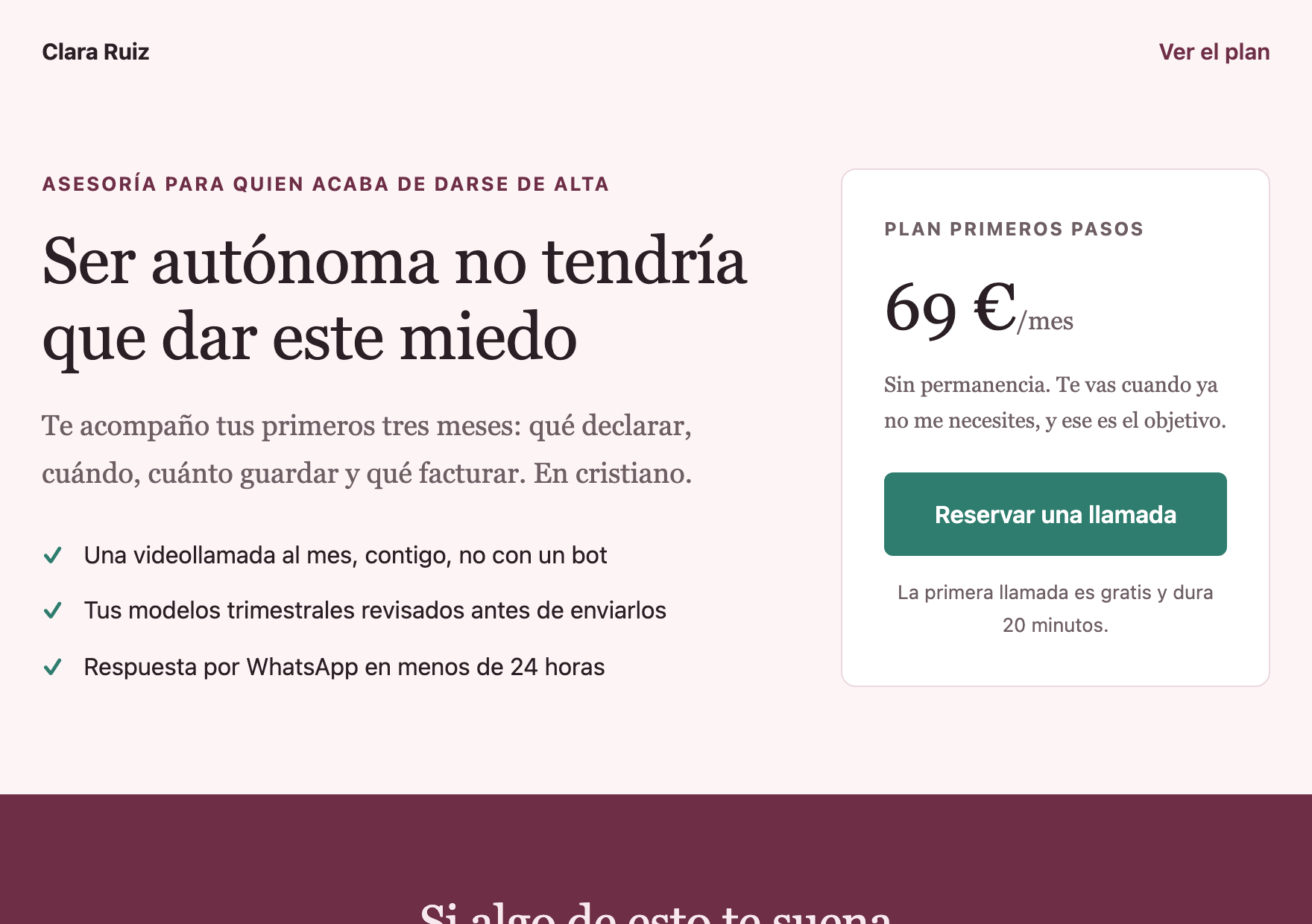 Landing de una asesoría para autónomos, en vino y rosa con tarjeta de precio.